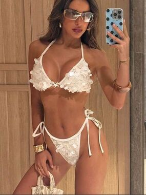 Beige Sequin Tie-Side Bikini -size small